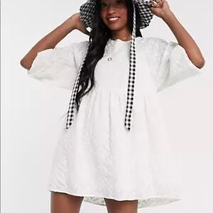 Pull & Bear Floral Embroidered Smocked Babydoll Dress